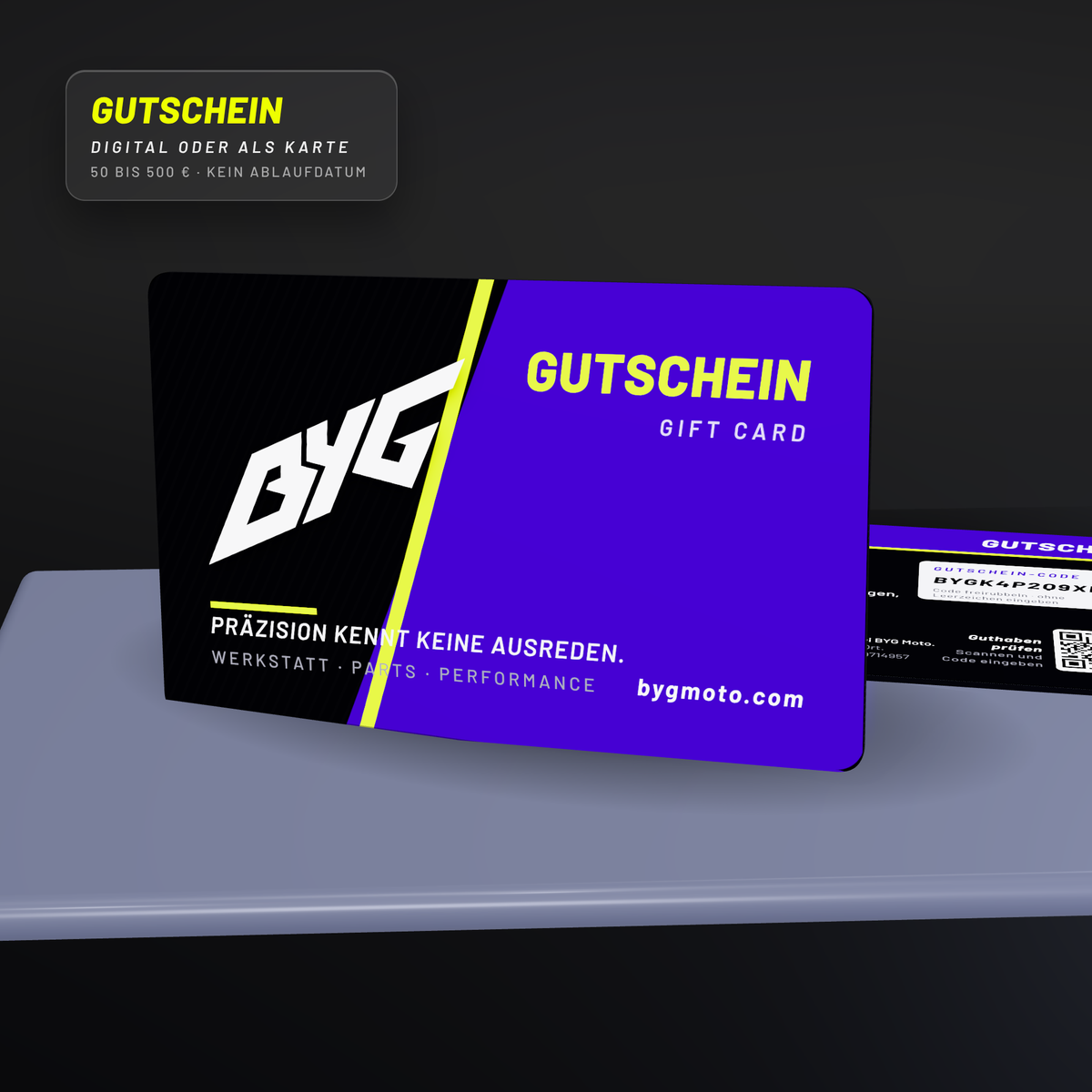 BYG Moto Gutschein als Gutscheinkarte im Kreditkartenformat, Vorderseite