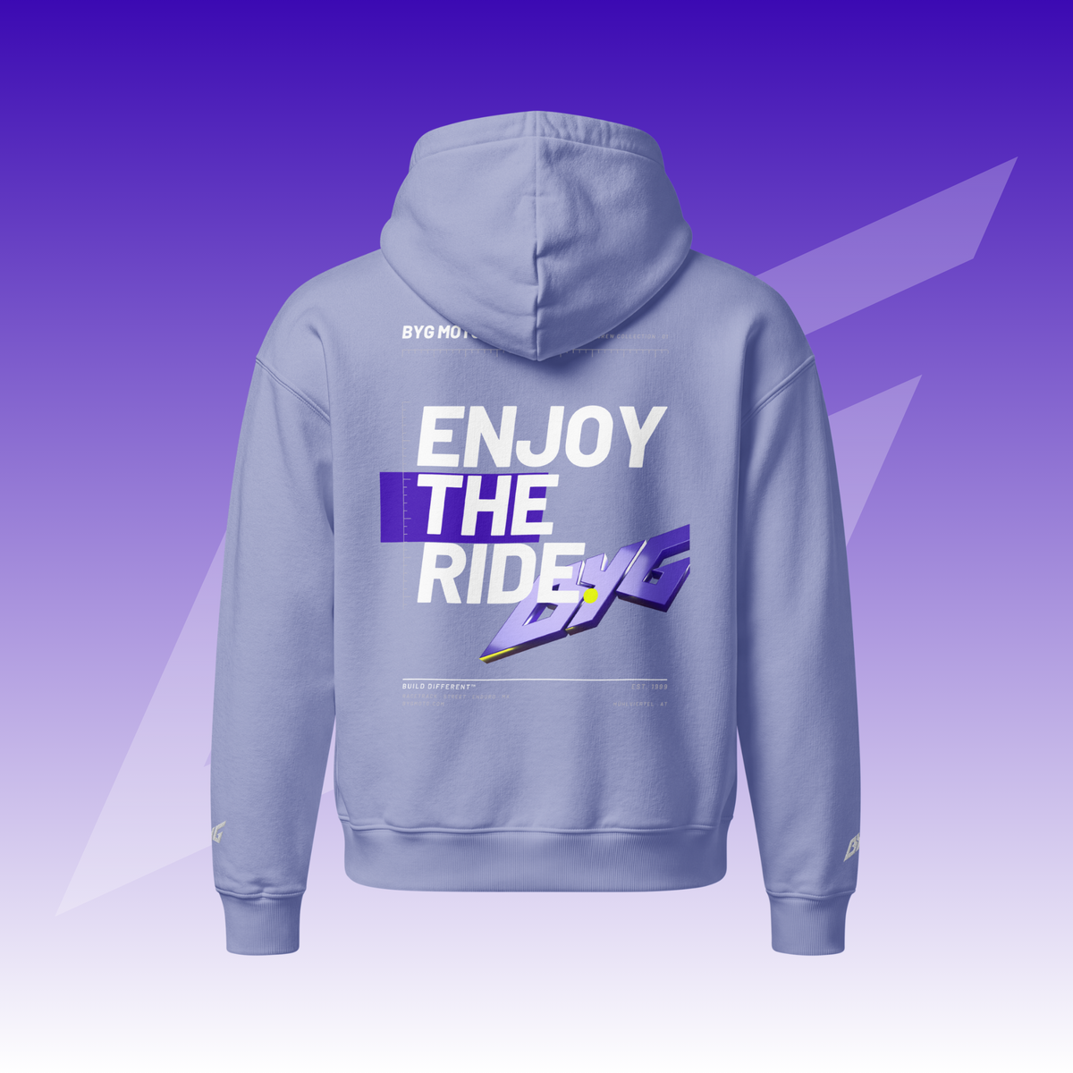 BYG Crew Relaxed Hoodie „Enjoy the Ride“ Violet, Rückenansicht
